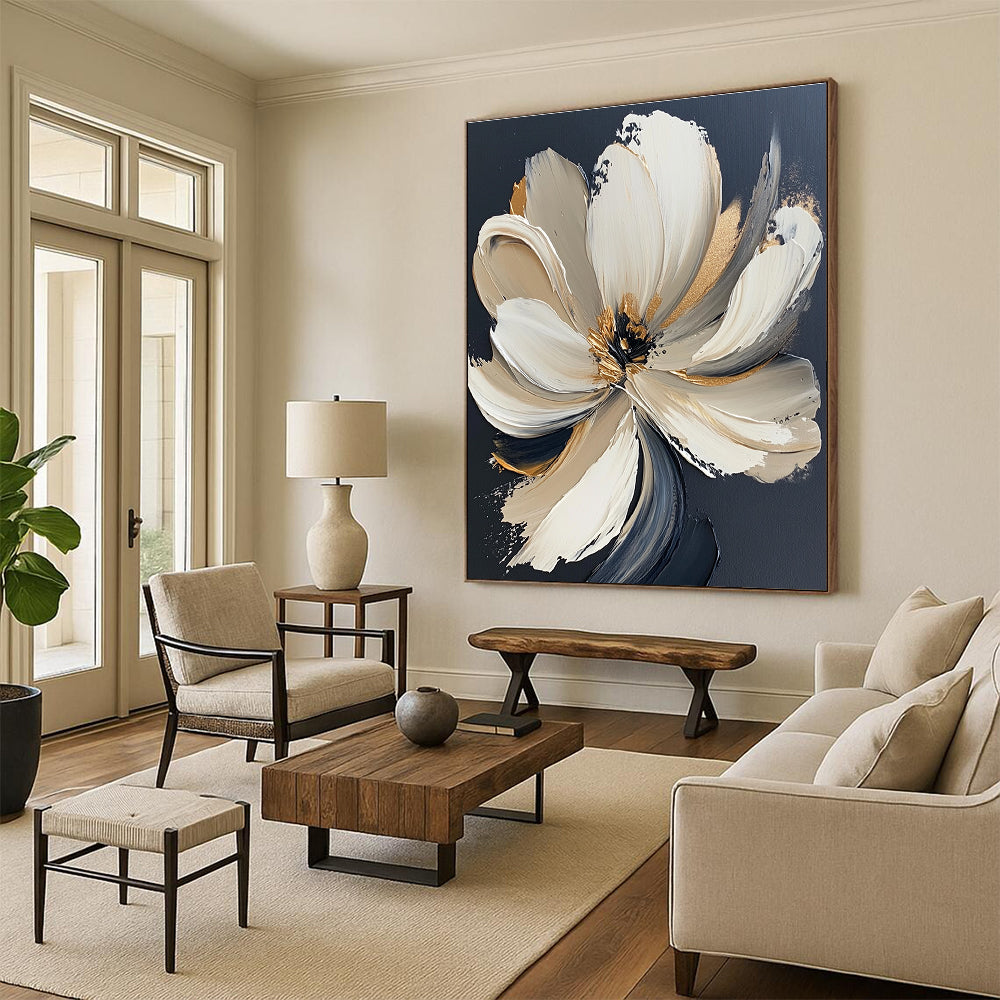Large Abstract Painting Featuring A White Flower With Gold Accents Bold Brush Strokes And Neutral Colors Set Against A Black Background.STSC293