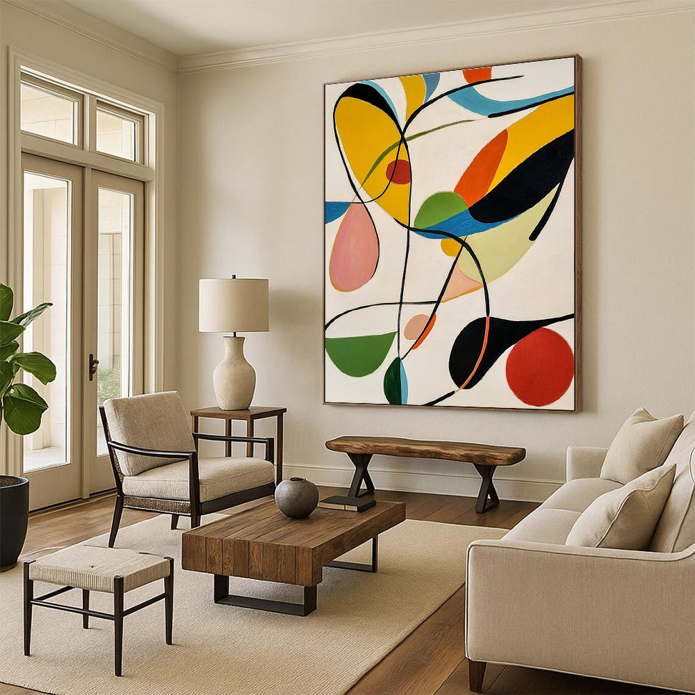 Large abstract painting featuring colorful organic shapes and bold black lines against a white background inspired by Matisse's style.STSC1315