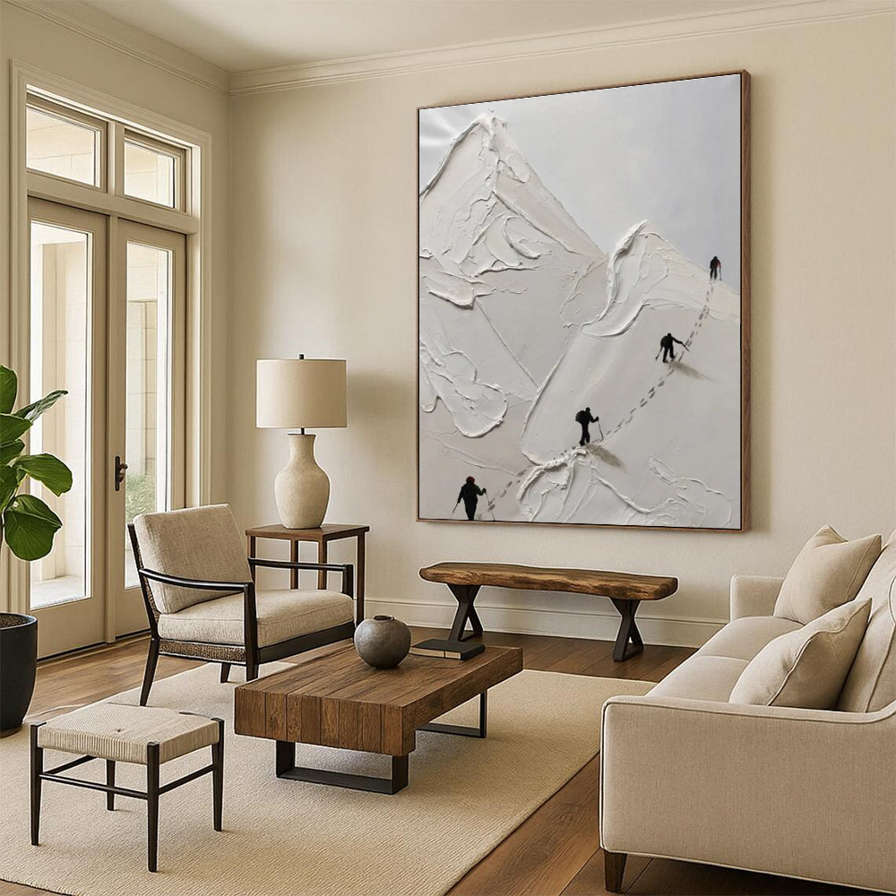 White Textured Mountain Climbing Abstract Painting with Black Silhouettes ADGE317