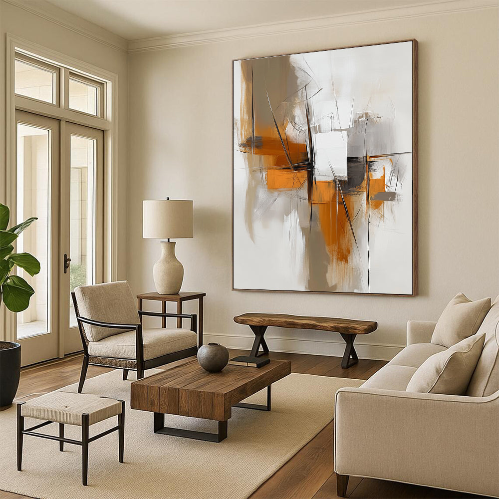 Large abstract painting featuring white and orange tones with minimalist lines in beige and grey creating a calming flow.STSC842