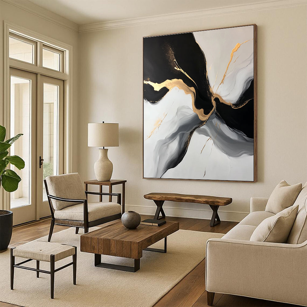 Black Gold and Gray Abstract Painting with Flowing Forms GER510