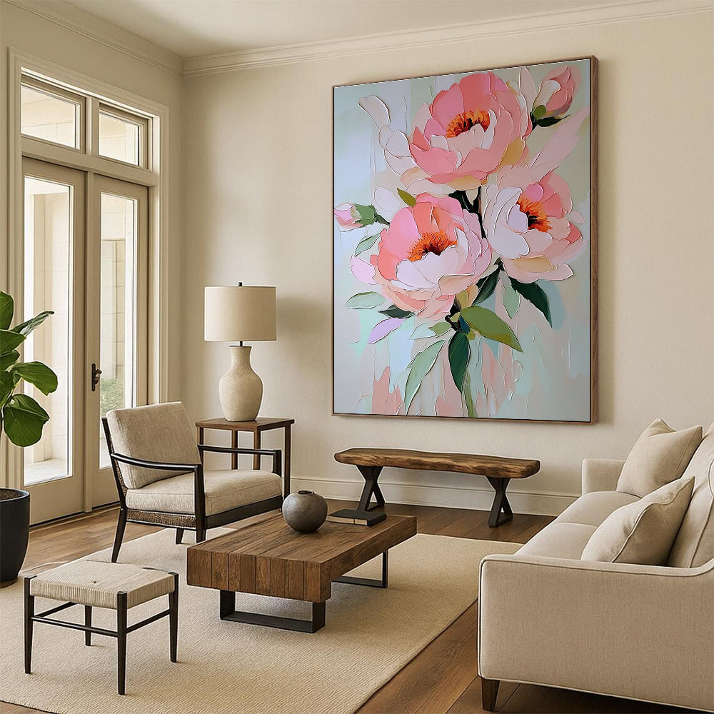 Abstract painting featuring soft pink peonies with pastel colors in an elegant oil on canvas style for a serene floral decor.STSC1413