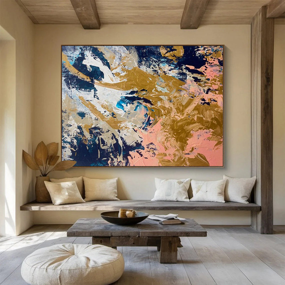 Navy Gold Pink Abstract Painting with Opulent, Contrasting Hues THY381
