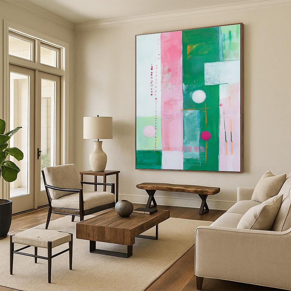 Large abstract painting featuring pink, green, and white stripes, circles, and squares inspired by Kathryn Statsny's style.STSC325