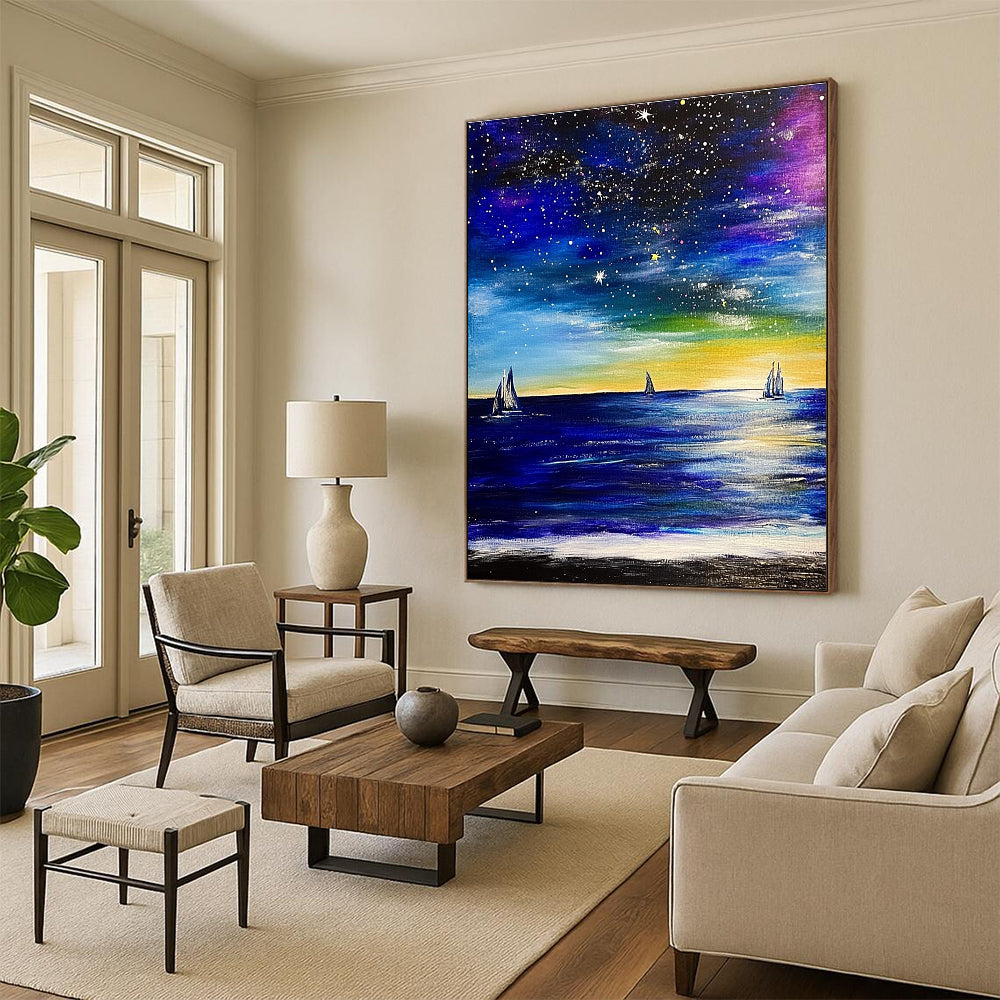 Large abstract painting depicting the ocean with sailboats and a starry sky featuring expressive brush strokes in vibrant colors.STSC851