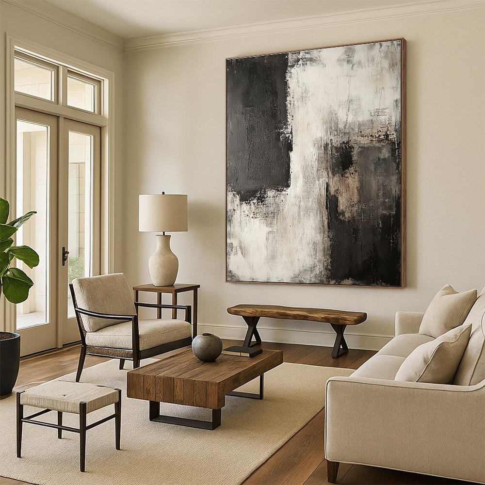 Black White and Gray Abstract Painting with Layered Neutrals GER426