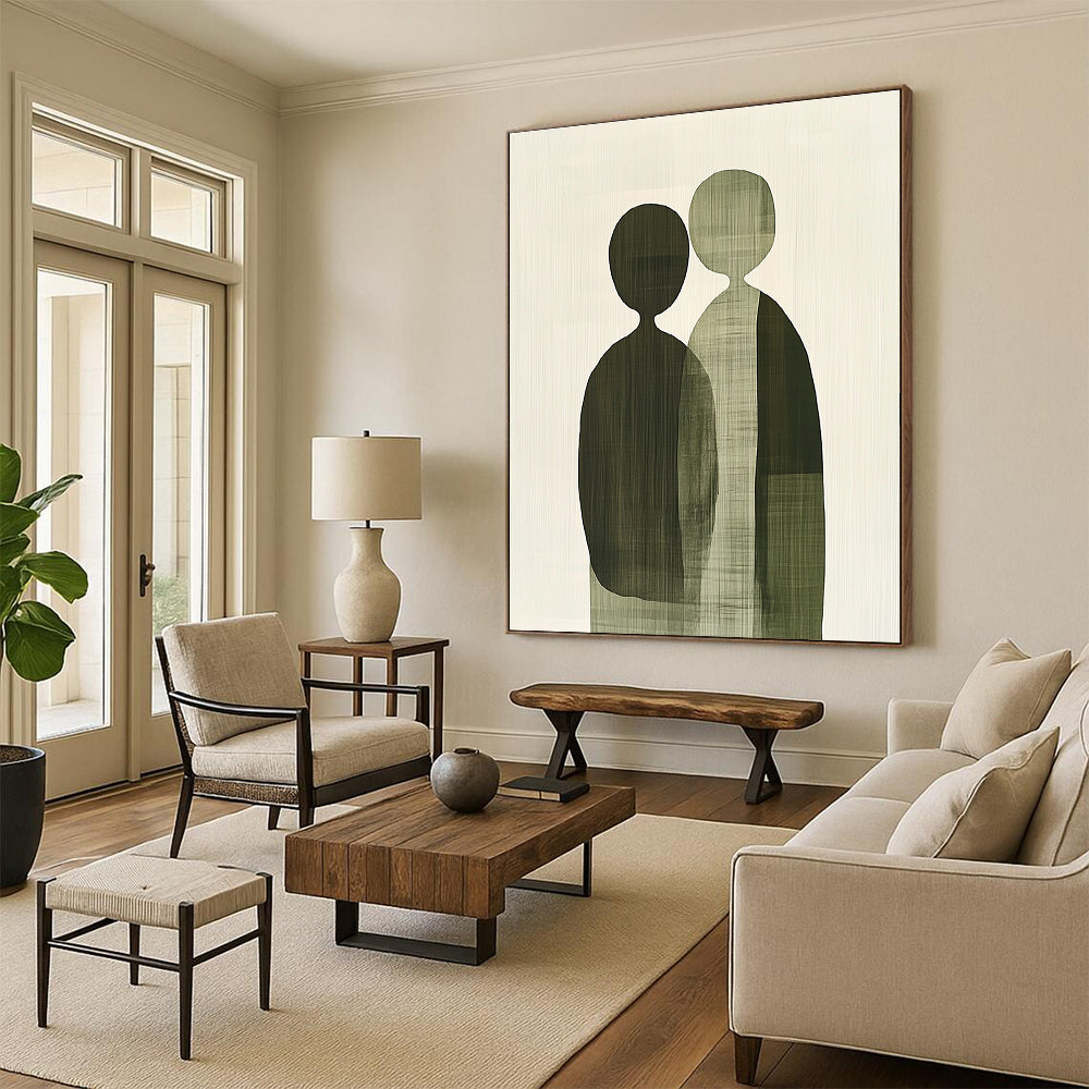 A large abstract painting featuring green and gray shapes with subtle textures, depicting unity and connection through minimalist design and soft tones.STSC1075