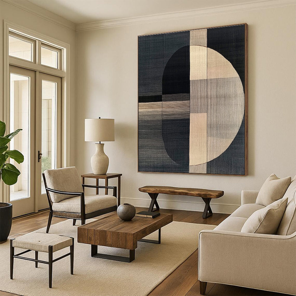 Abstract carpet design inspired by Picasso showcasing dark gray and beige in a modern art style with simple shapes and black lines.STSC1060