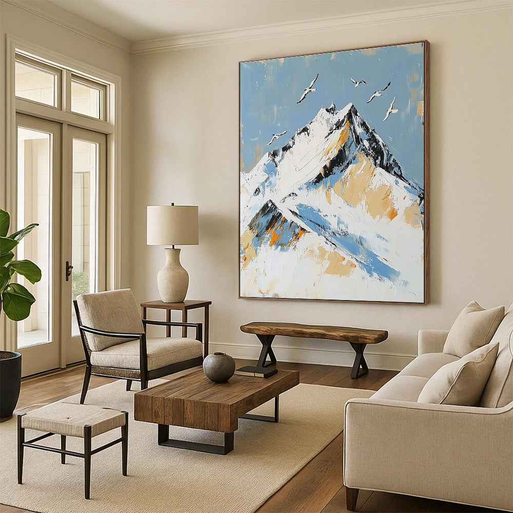 Large Abstract Painting featuring Snowy Mountain Peak with Birds in Flight accented with Gold in Elegant White and Blue Tones.STSC1365