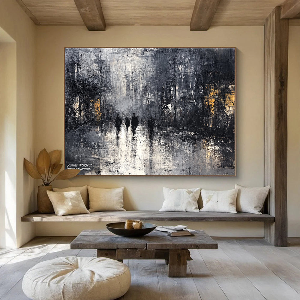 Dark Cityscape Abstract Painting in Black and Gray DYP445
