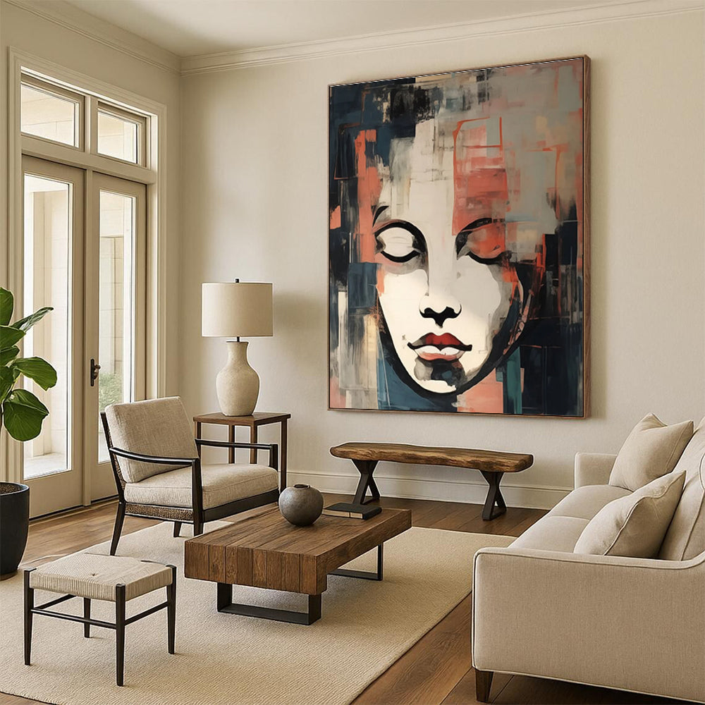 Cubist - Style Portrait Abstract Painting with Red, Blue, and Gray ADGE124