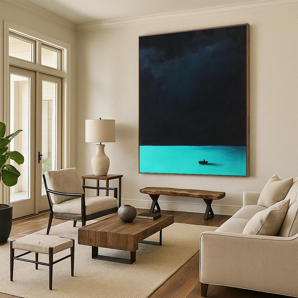 Abstract painting featuring a tranquil turquoise sea and a mysterious dark sky with blurred figures and underwater creatures creating an enchanting atmosphere.STSC1303