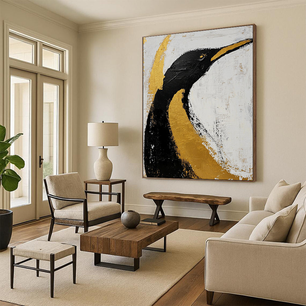 Large abstract art featuring a black and gold penguin on a white background with clean dark lines brush strokes and gold leaf accents.STSC010