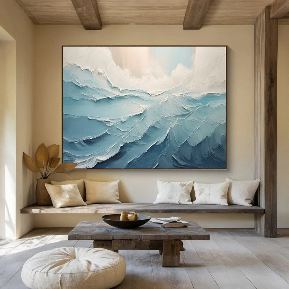 Textured Sea Waves Abstract Painting with Blue and White Tones THY227