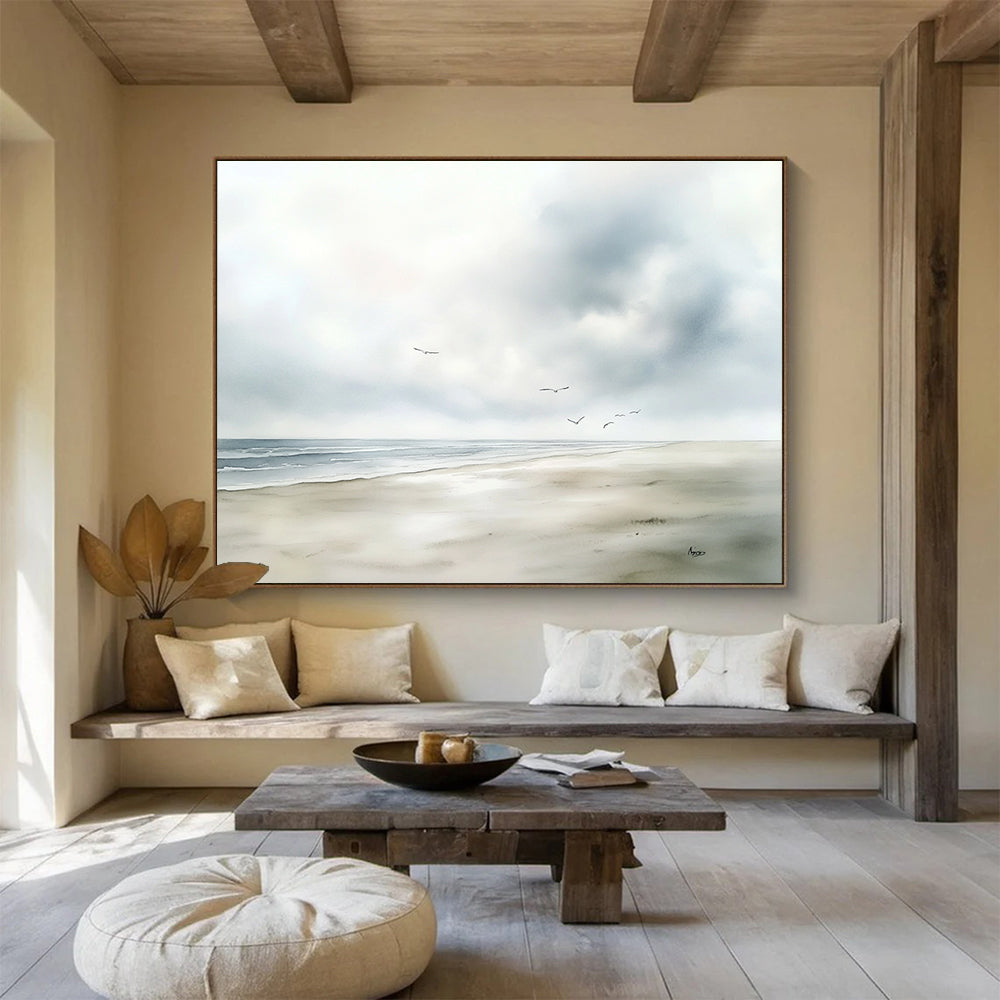 Seaside with Birds Watercolor Abstract Painting with Soft Blues and Grays DYP613