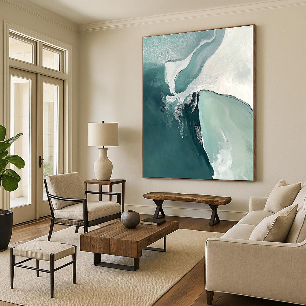 Large abstract painting featuring turquoise sea and white sand beach with soft edges and minimalist composition evoking peace and serenity.STSC534