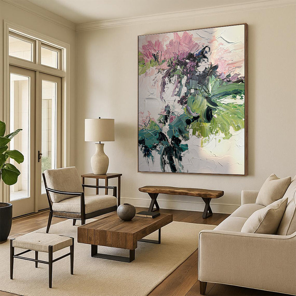 Pink Flower Abstract Oil Painting with Green Accents ADGE271