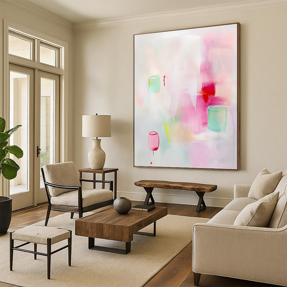 Abstract painting featuring soft pastel colors and elegant light pink and white shades with delicate brush strokes and minimalist design.STSC1311