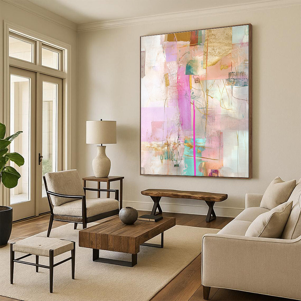 Vibrant Mixed Media Abstract Collage with Pink and Gold GER207