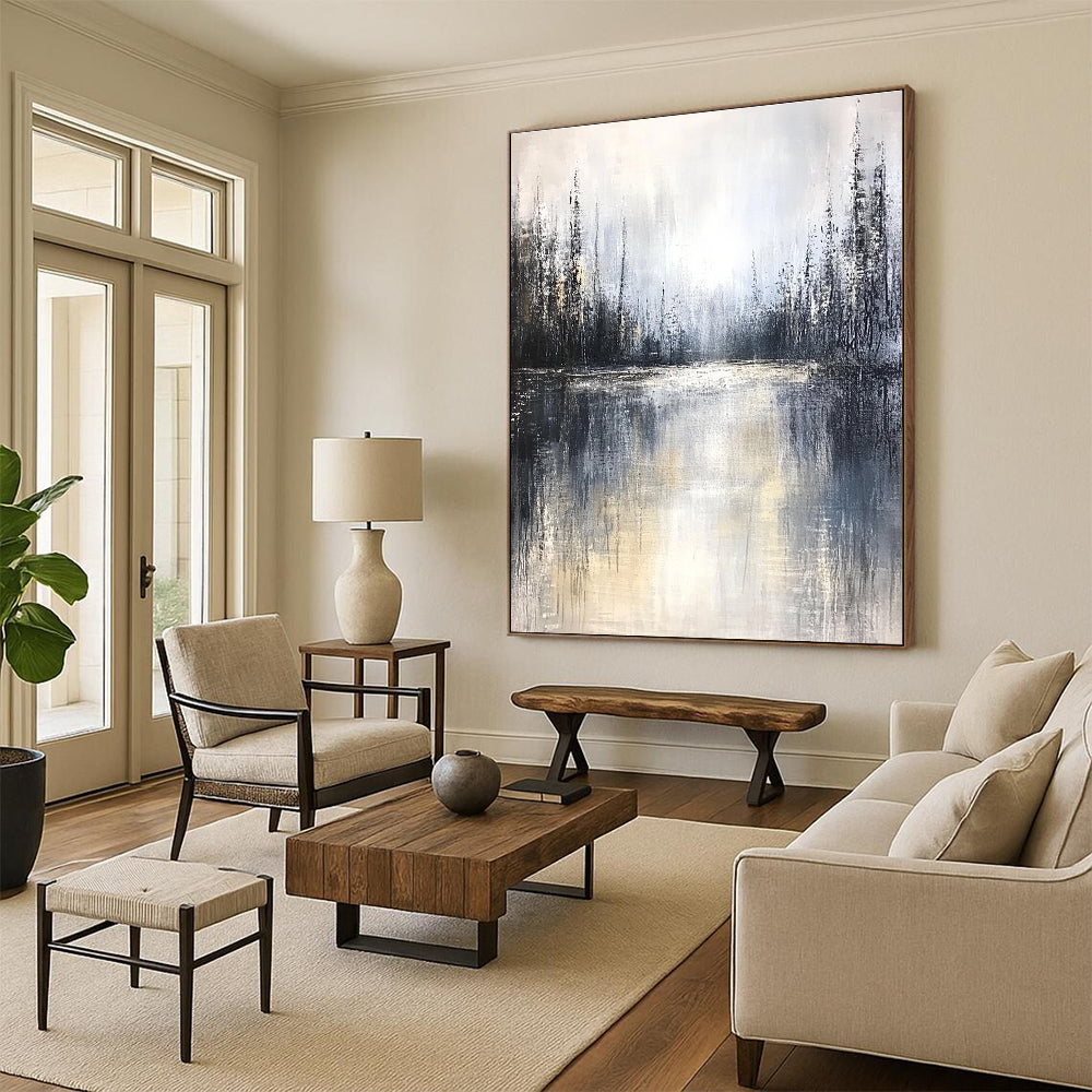 Large abstract painting featuring a misty forest and lake with muted tones soft edges and tranquil atmosphere creating emotional depth.STSC083
