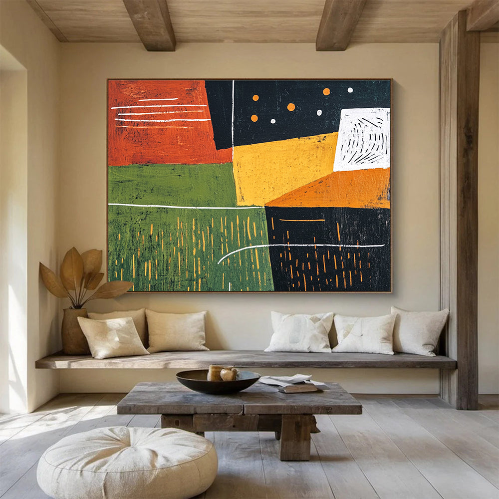 This large abstract painting features bold green orange and black shapes with a dark red background and geometric figures evoking movement and freedom.SC520