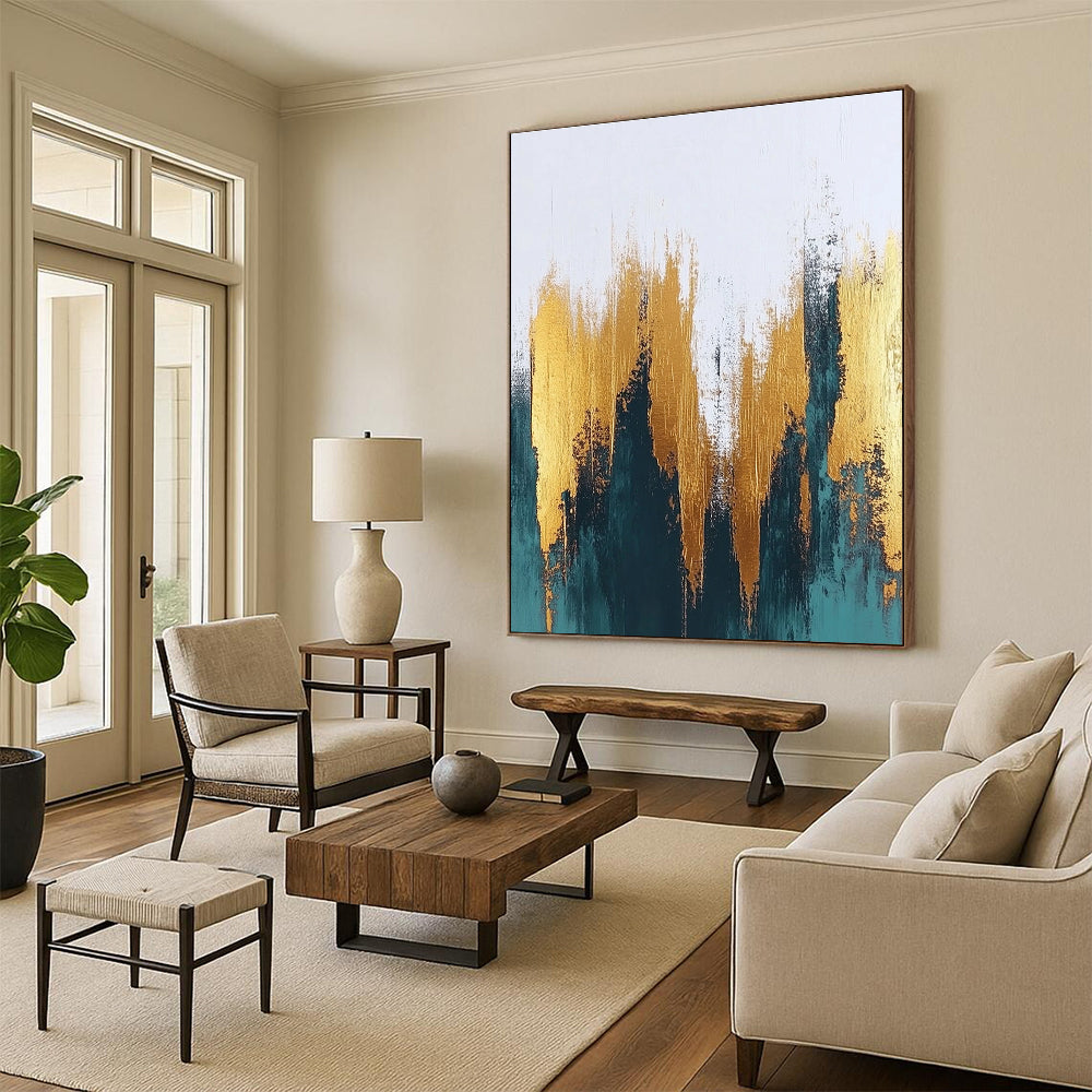 Large abstract painting featuring textured gold and teal brush strokes on a white background perfect for contemporary sophisticated decor.STSC062