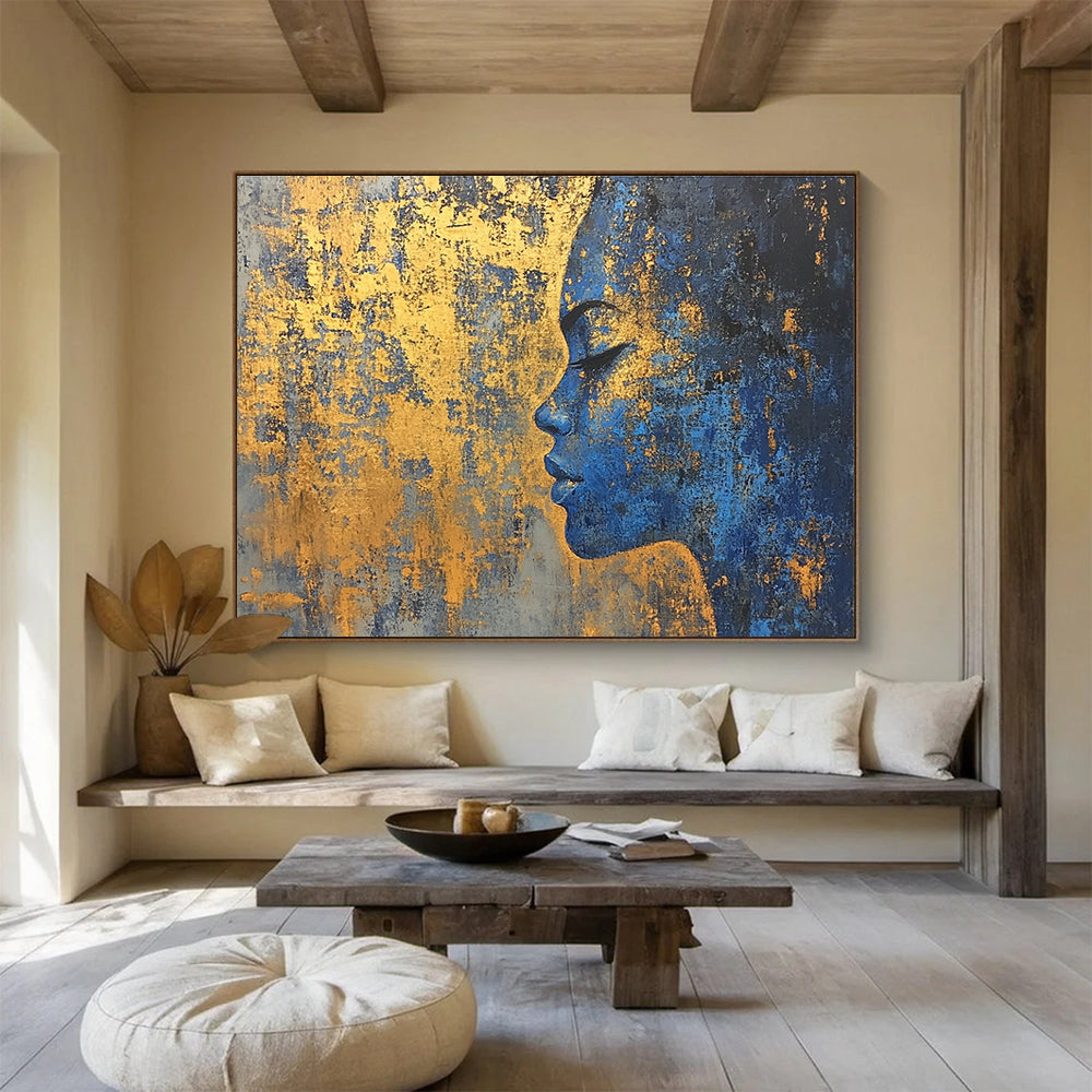 Large abstract painting of a golden city on textured canvas with a blue and gold palette featuring highlights of gold foil paint.SC171