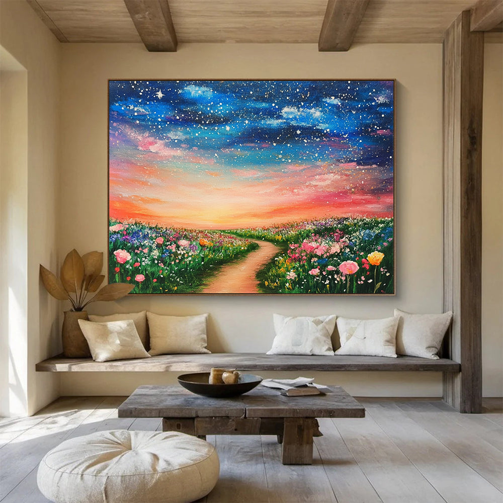 A large abstract painting of a dreamy field adorned with colorful flowers under a starry sky and a pink sunset, evoking a magical atmosphere.SC397