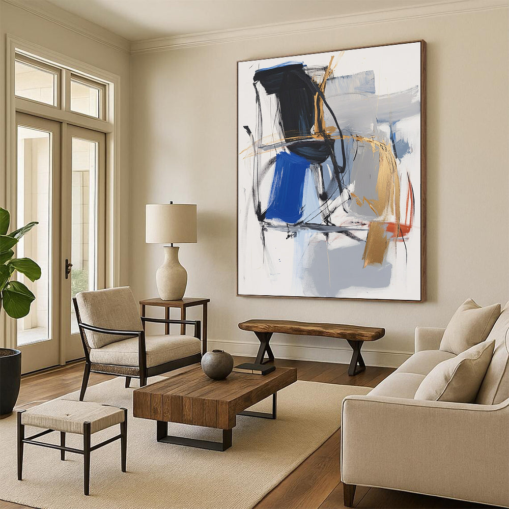 Blue Gray Gold Abstract Painting with Expressive Strokes GER804