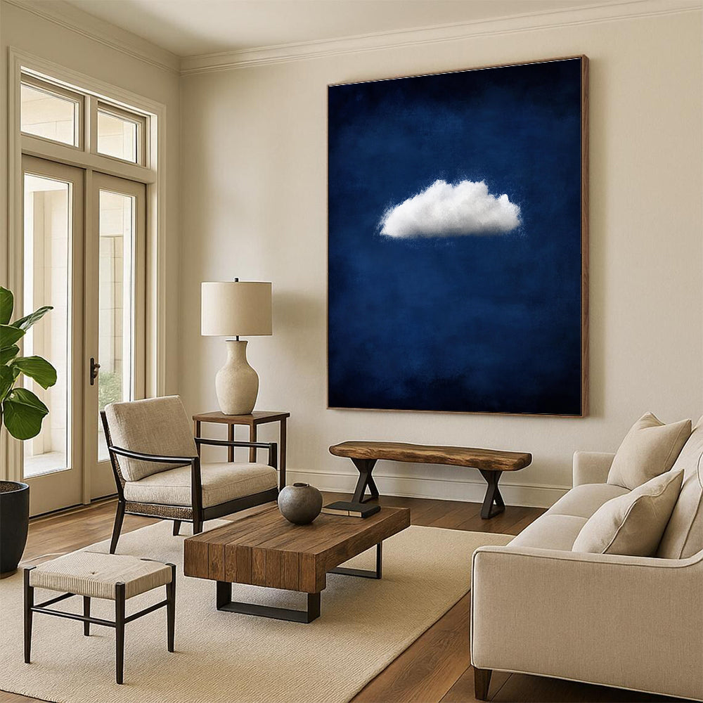 Large abstract artwork featuring a small white cloud on a dark blue backdrop creating a moody and atmospheric minimalist design.STSC1404
