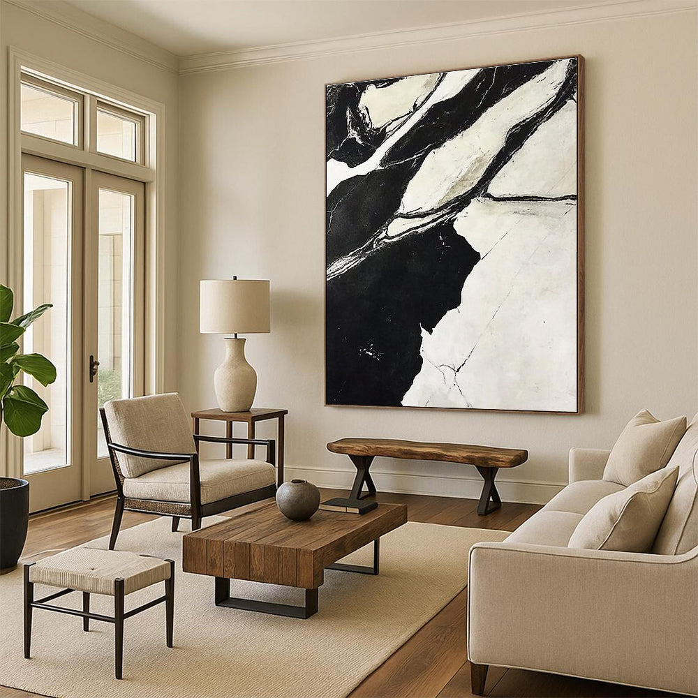 Black White Marble Abstract Painting with Intricate Veins GER744