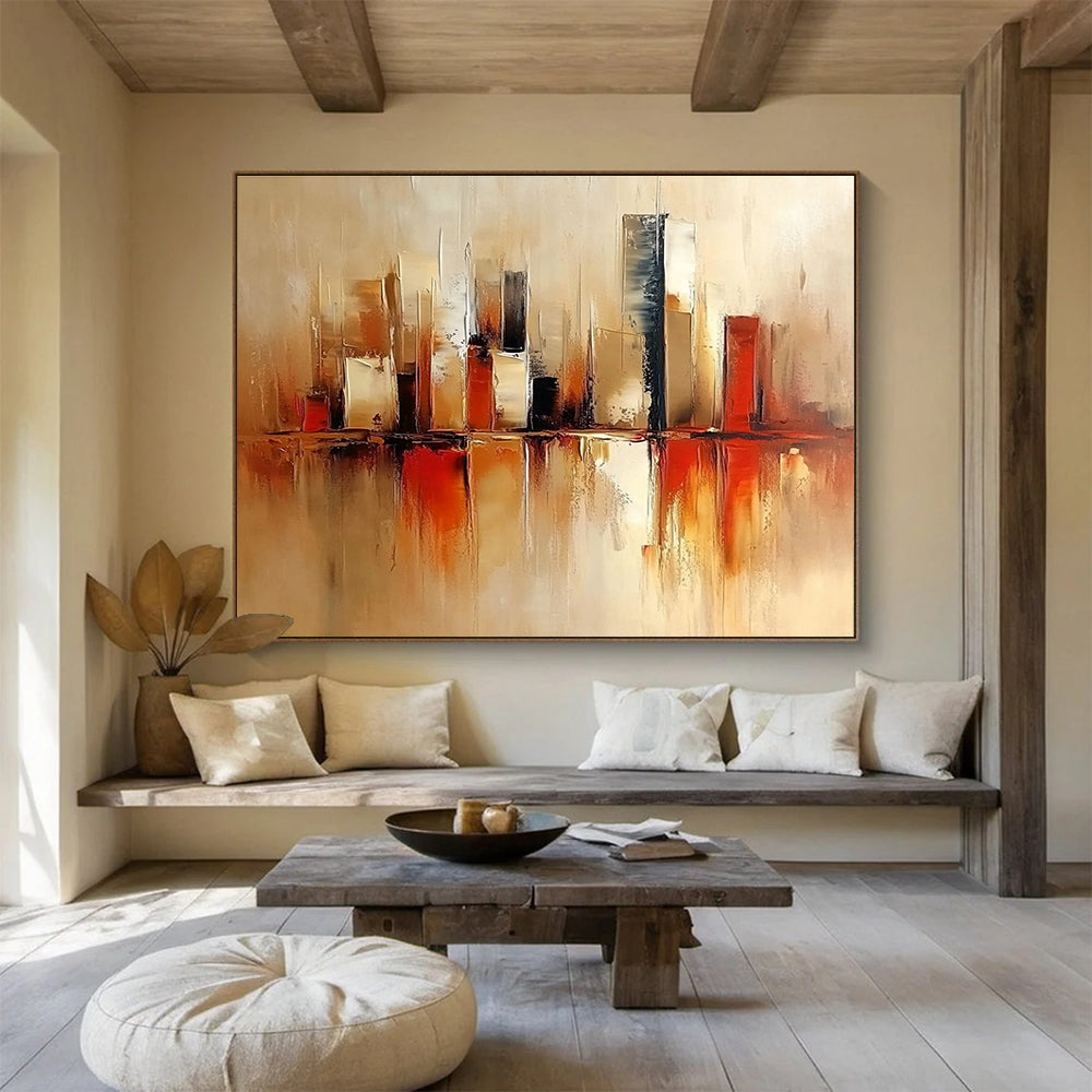 Large abstract painting featuring a modern cityscape in warm beige and red tones with soft brush strokes and minimalist design.SC098