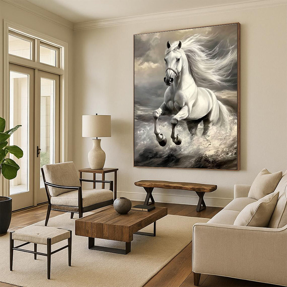 An abstract painting featuring a majestic white horse in motion with a grey color palette highlighting its powerful features and flowing mane.STSC1053