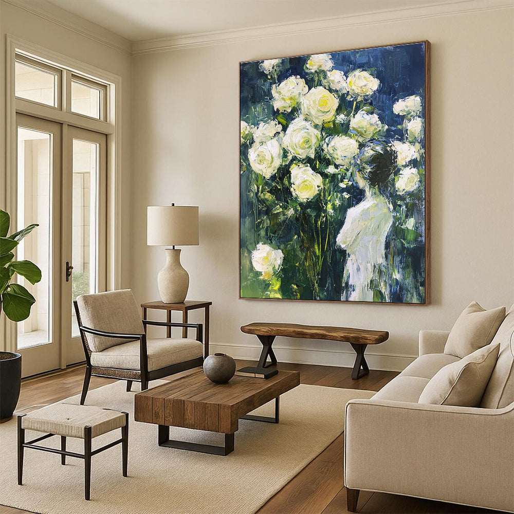 Abstract painting of fluid white roses on a dark blue background with light green accents, perfect for enhancing any space.STSC1489