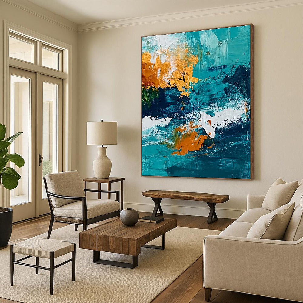 Large abstract painting of the ocean featuring a vibrant teal and amber color scheme with textured brush strokes.STSC705
