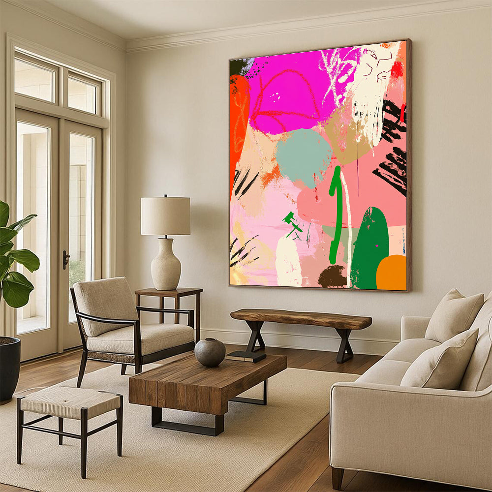 Large abstract painting featuring playful lines and whimsical patterns in pink, green, and orange creating a vibrant collage with organic forms.STSC485