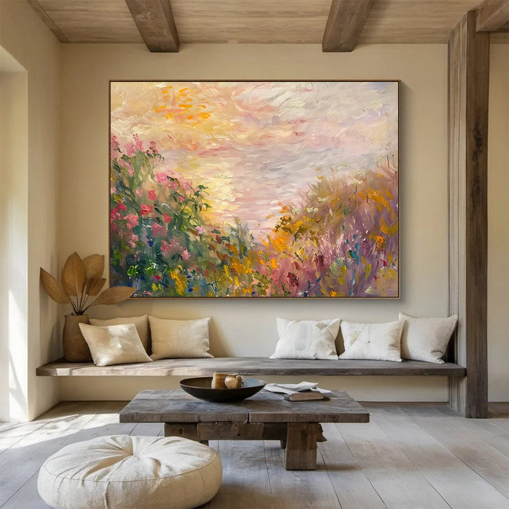 Flower Field Sunset Abstract Painting with Pink, Yellow, and Purple Hues THY195