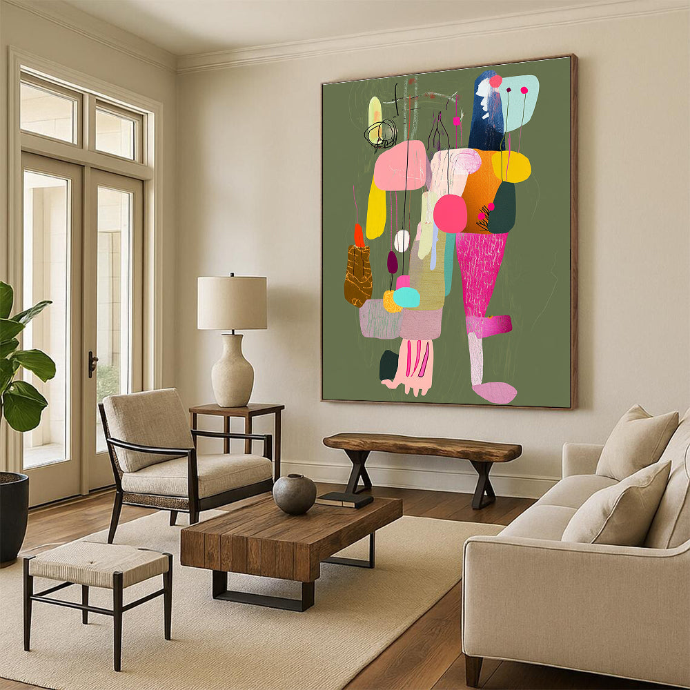 Large abstract painting featuring a colorful collage of limbs with strings connecting to various places against a muted greenish brown background.STSC970