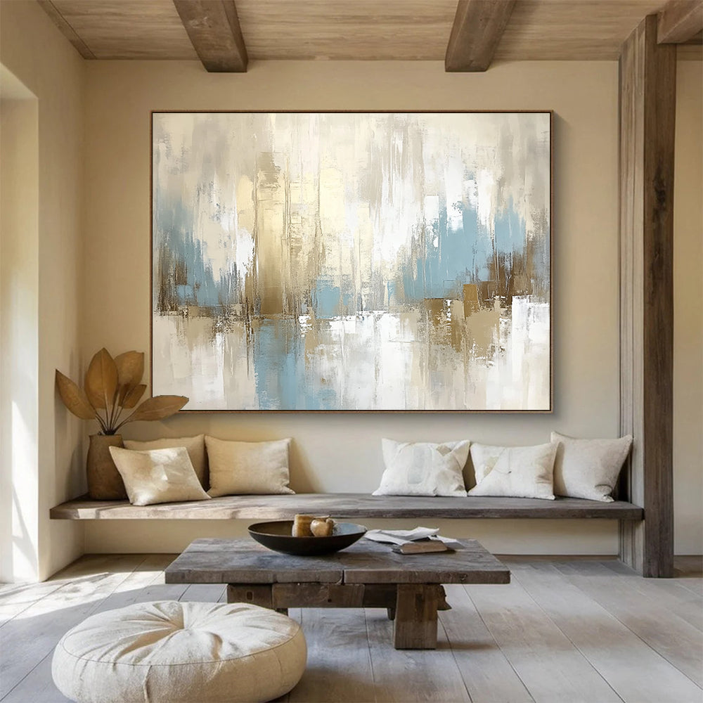 Large abstract painting in beige and white with light blue accents featuring soft tones and dreamy atmosphere for an elegant and tranquil space.SC097