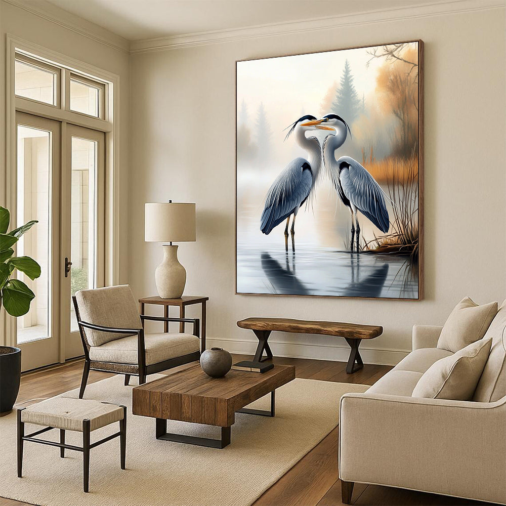 A large abstract painting featuring two herons on water's edge with a misty forest background showcasing realistic detail and serene beauty.STSC1451