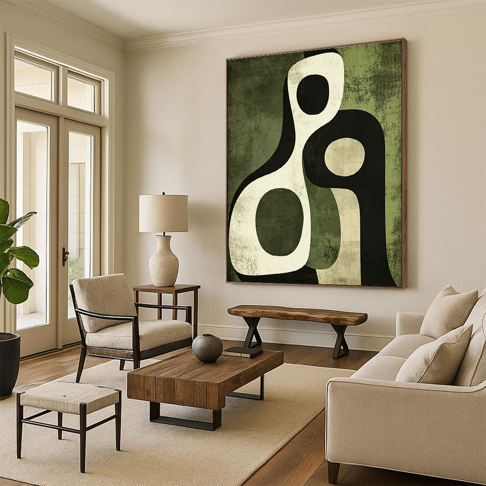 Abstract art piece featuring interlocking arches in olive green and black with soft edges and organic forms in warm and cool tones.STSC476