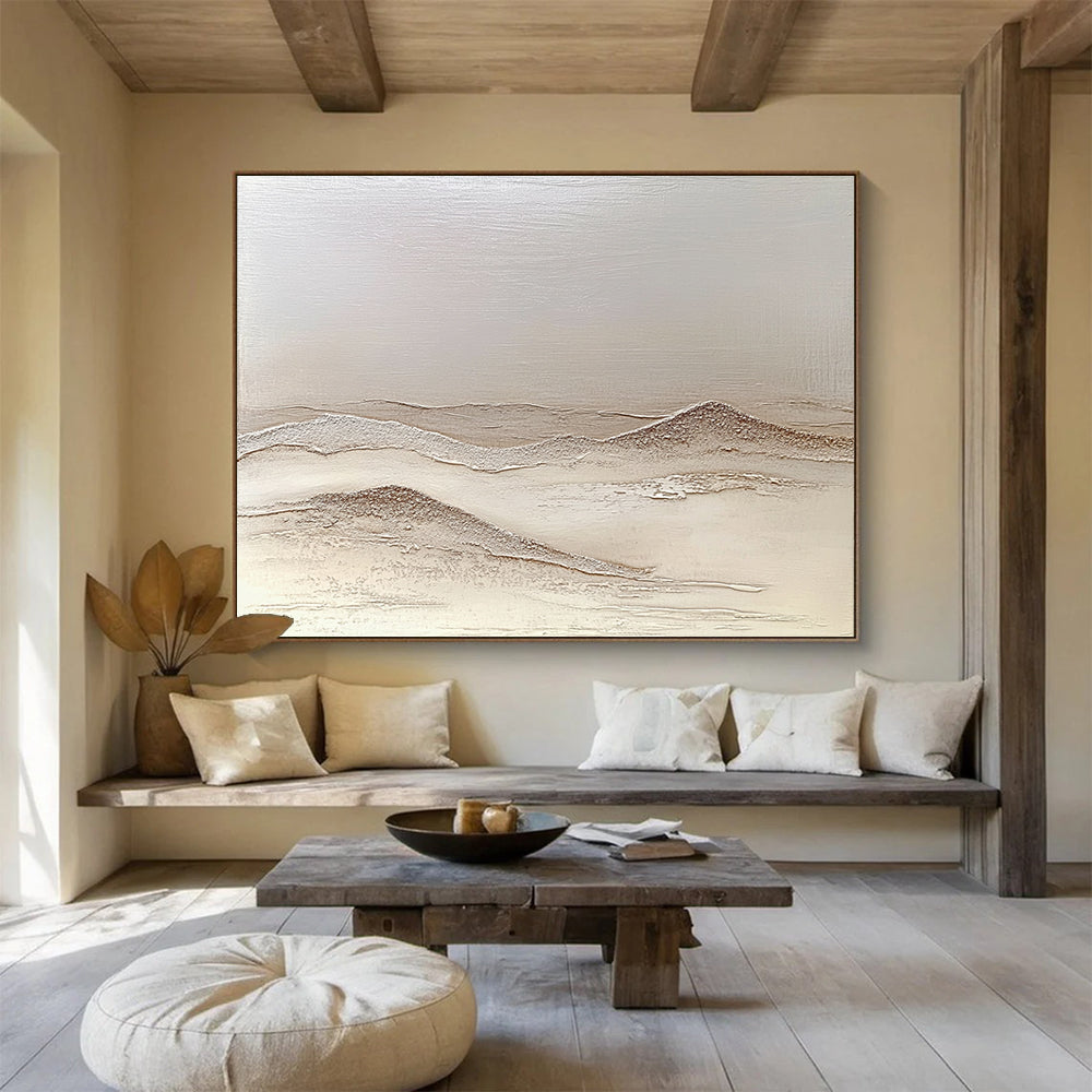 Large abstract painting depicting textured sand dunes in neutral tones with artistic desert hills creating depth and a calming atmosphere.SC622