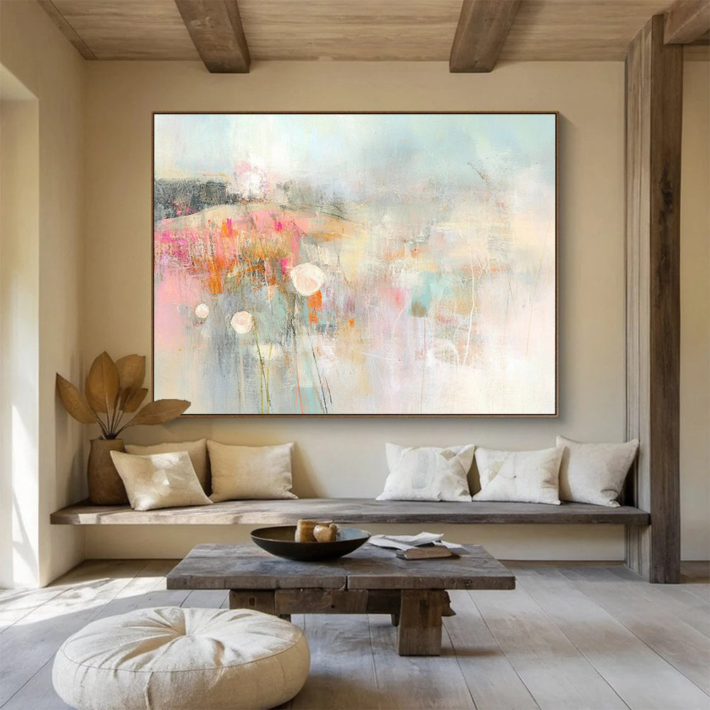 An abstract expressionist painting of the English countryside featuring muted pastel colors soft brush strokes and blurred edges.SC310
