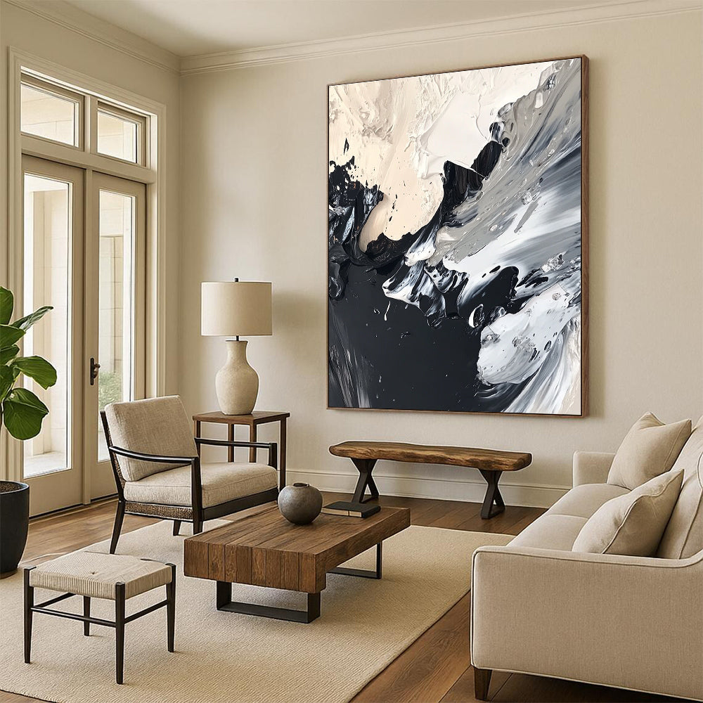 Abstract painting featuring black and white acrylics with organic textures and swirling patterns created using the wet-on-wet technique.STSC1277
