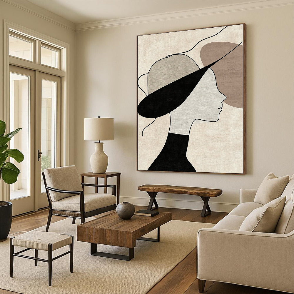 Abstract art featuring a woman in profile adorned with a hat on a beige background with visible brush strokes and neutral colors and black lines.STSC1335