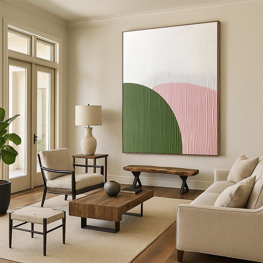 Abstract art featuring an arch-shaped wall decoration with a smooth white top and green textured paper bottom in soft pink pastel colors.STSC935