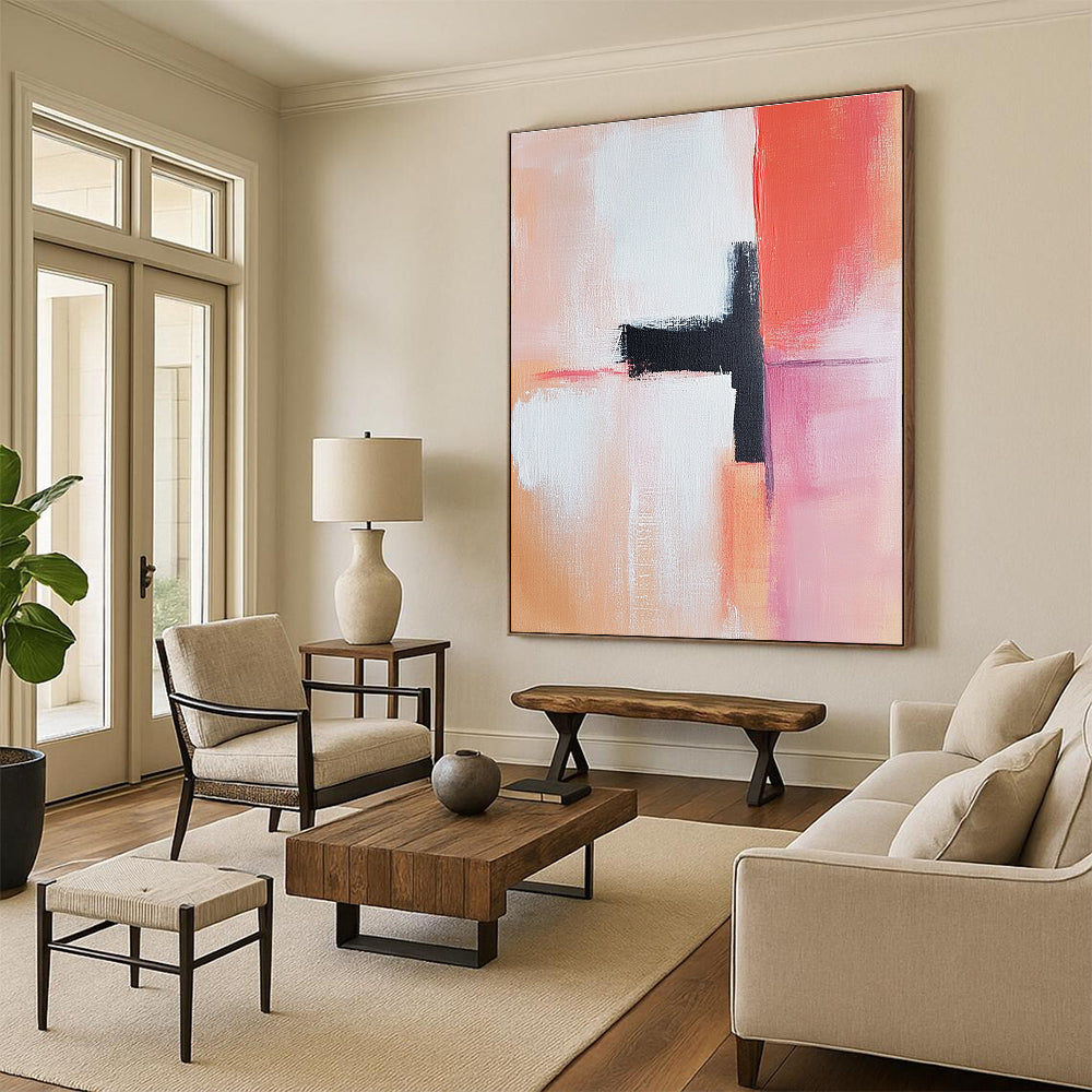 Large abstract painting featuring light pink peach and white tones with a dark red accent oil on canvas in the style of Henri Matisse.STSC819
