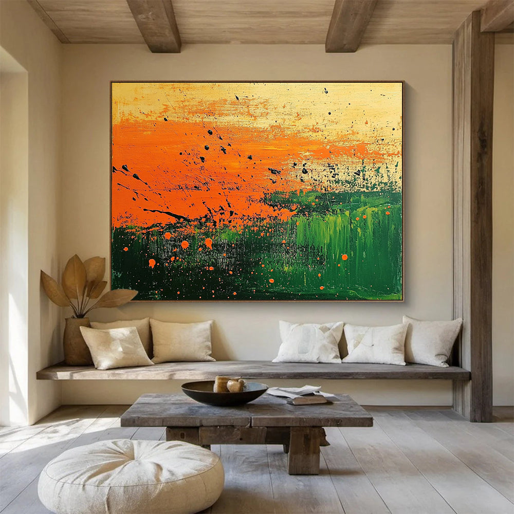 Orange and Green Splatter Abstract Painting with Dynamic Textures DYP250