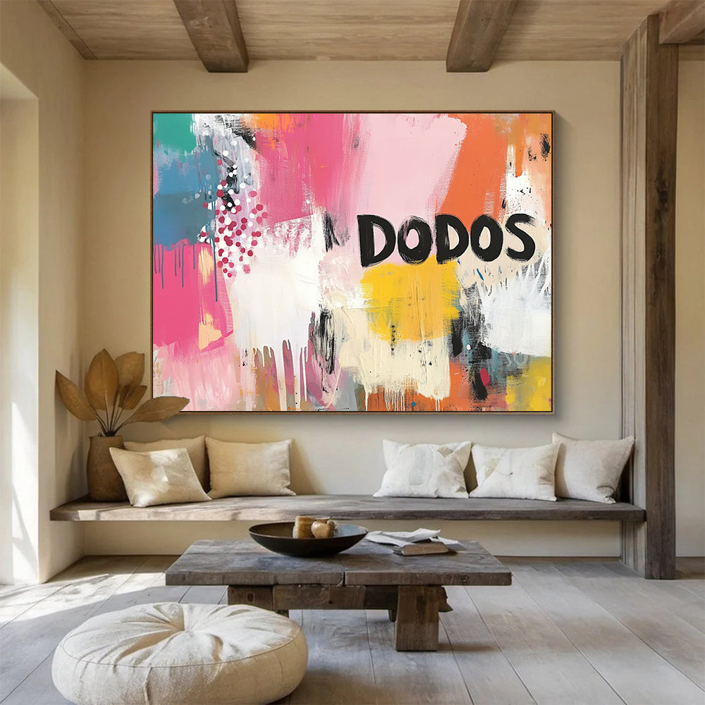 Vibrant abstract painting with bold brushstrokes and dynamic patterns in energetic colors featuring large DODOS lettering creating an urban ambiance.SC456