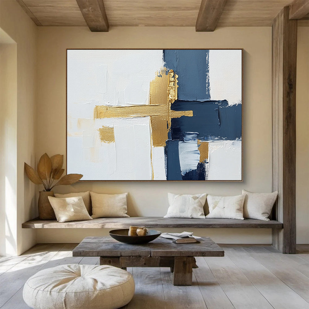 Navy Gold White Abstract Painting with Textured Cross Design DYP426